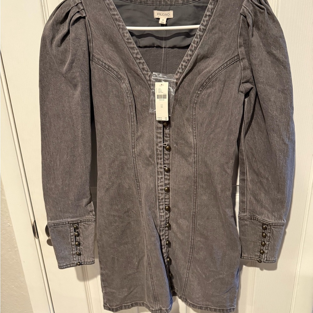 Anthropologie Pilcro Distressed Charcoal Button-Up Denim Dress Sz XS NWT $178